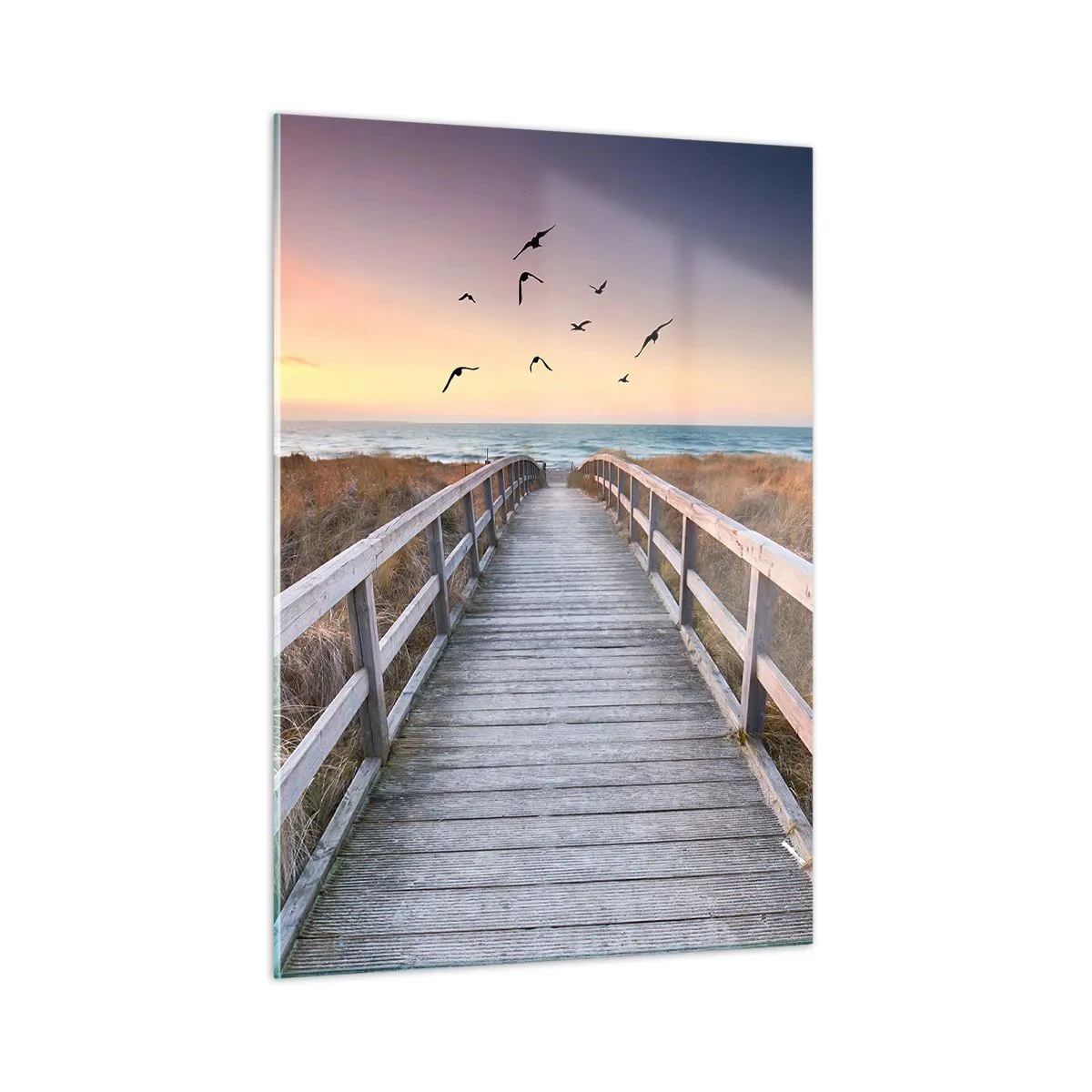 Impression sur verre - Image sur verre - Une passerelle en bois sur les dunes menant à la plage au coucher du soleil - 50x70cm - Envol des espaces - Décoration murale moderne pour le salon et la chambre ARTTOR