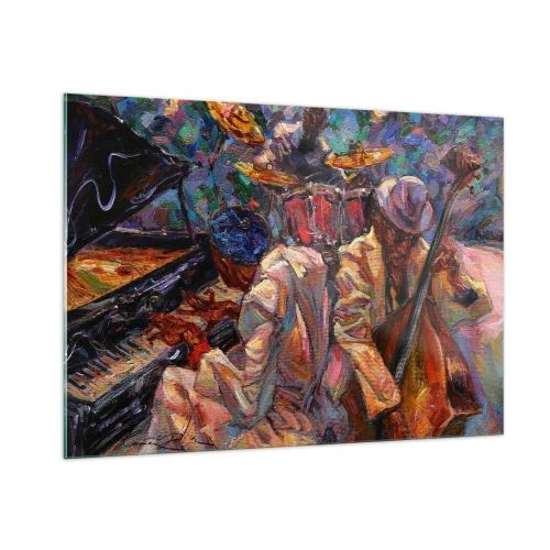 Impression sur verre - Image sur verre - Une scène de jazz colorée avec des musiciens et des instruments - 100x70cm - Dans le même tempo - Décoration murale moderne pour le salon et la chambre ARTTOR
