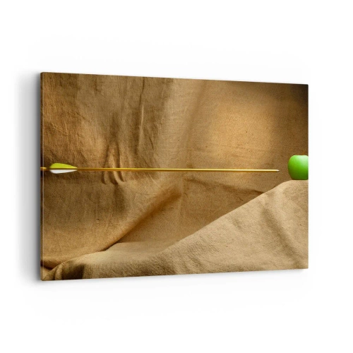 Impression sur toile - Image sur toile - Pomme verte sur tissu avec une flèche créant une composition - 100x70cm - Invoquer l'esprit de Guillaume Tell - Décoration murale moderne pour le salon et la chambre ARTTOR