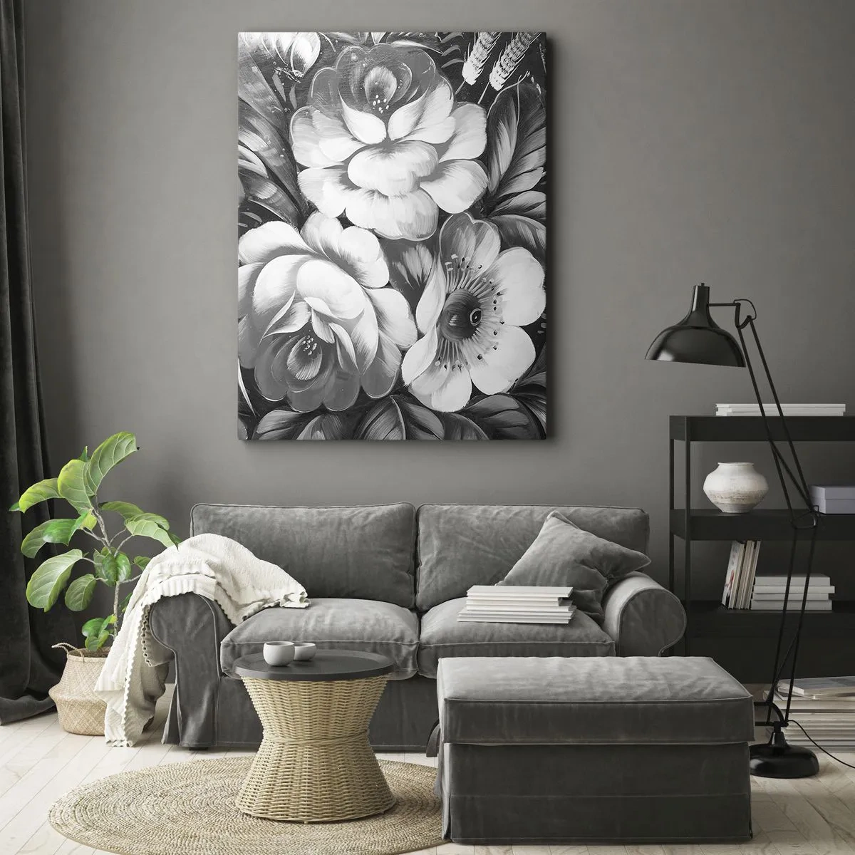 Impression sur toile - Image sur toile - Fleurs noires et blanches dans une composition classique et élégante - 50x70cm - Belle même en gris - Décoration murale moderne pour le salon et la chambre ARTTOR