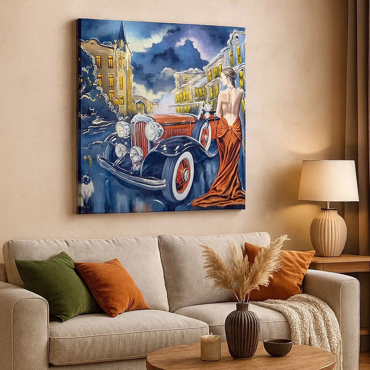 Impression sur toile - Image sur toile - Nocturne en bleu et corail - 30x30 cm