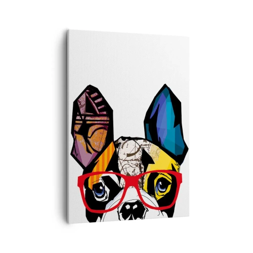 Impression sur toile - Image sur toile - Bouledogue dans une illustration colorée avec des lunettes rouges - 50x70cm - Intellectuel - Décoration murale moderne pour le salon et la chambre ARTTOR