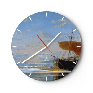 Horloge murale - Pendule murale - Un voilier sur le rivage avec des gens sur fond de ciel et de mer - 30x30cm - Eau, terre, air - Décoration murale moderne pour le salon, la cuisine et la chambre ARTTOR