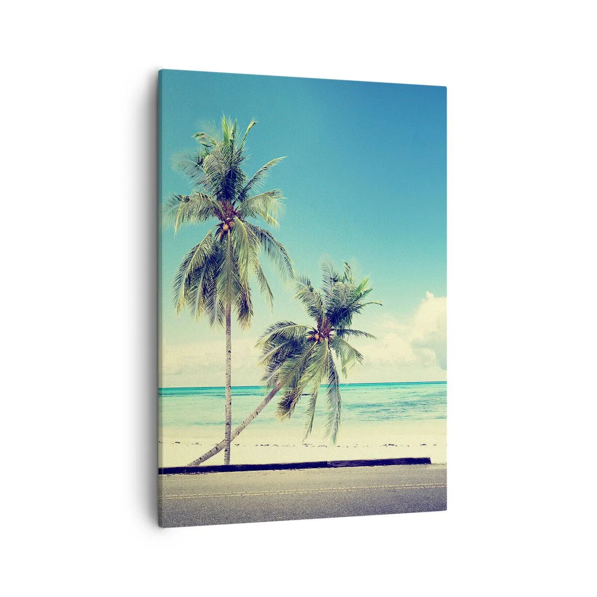 Impression sur toile - Image sur toile - Une camionnette rose avec une planche de surf sur une plage tropicale. - 50x70cm - Il est temps de commencer les vacances - Décoration murale moderne pour le salon et la chambre ARTTOR