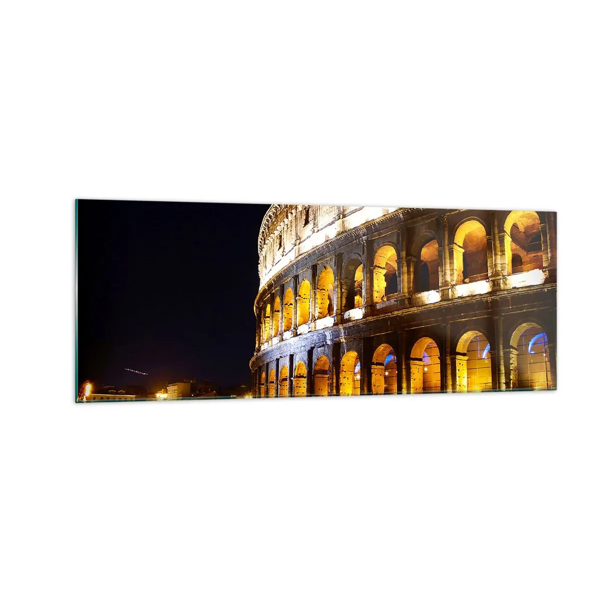Impression sur verre - Image sur verre - Le Colisée illuminé par les lumières la nuit à Rome - 140x50cm - Il est temps de commencer les Jeux - Décoration murale moderne pour le salon et la chambre ARTTOR