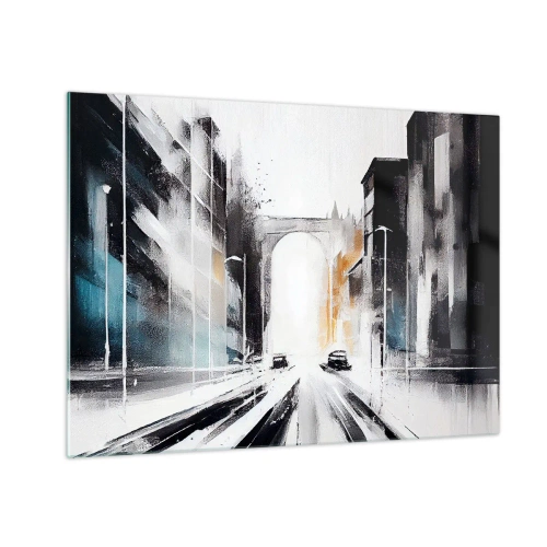 Impression sur verre - Image sur verre - Une rue de ville dynamique avec des voitures et une arche en arrière-plan dans un style pictural. - 70x50cm - Étude de ville : architecture et mouvement
