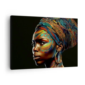 Impression sur toile - Image sur toile - Portrait d'une femme avec un motif coloré et un turban - 70x50cm - reine africaine - Décoration murale moderne pour le salon et la chambre ARTTOR