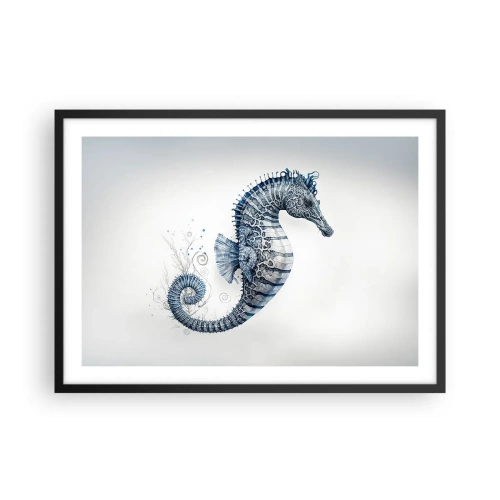 Affiche dans un cadre noir - Poster - Hippocampe dans des tons de bleu avec des détails à l'aquarelle - 70x50cm - Une subtile plaisanterie de la nature - Décoration murale moderne pour le salon et la chambre ARTTOR