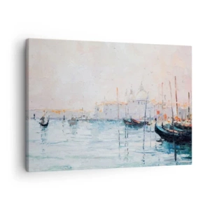 Impression sur toile - Image sur toile - Vue pittoresque des canaux avec des bateaux aux couleurs pastel - 70x50cm - Derrière l'eau, derrière le brouillard - Décoration murale moderne pour le salon et la chambre ARTTOR
