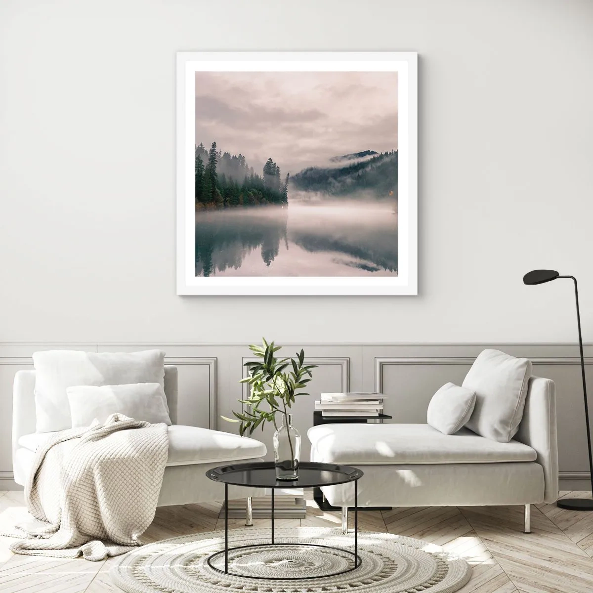 Affiche dans un cadre blanc - Poster - Reflet dans le brouillard - 50x50 cm