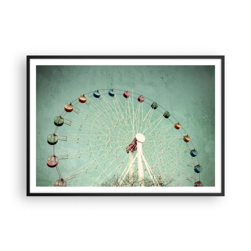 Affiche dans un cadre noir - Poster - Une grande roue colorée contre un ciel bleu dans un style rétro - 100x70cm - Nous vous invitons à vous amuser - Décoration murale moderne pour le salon et la chambre ARTTOR