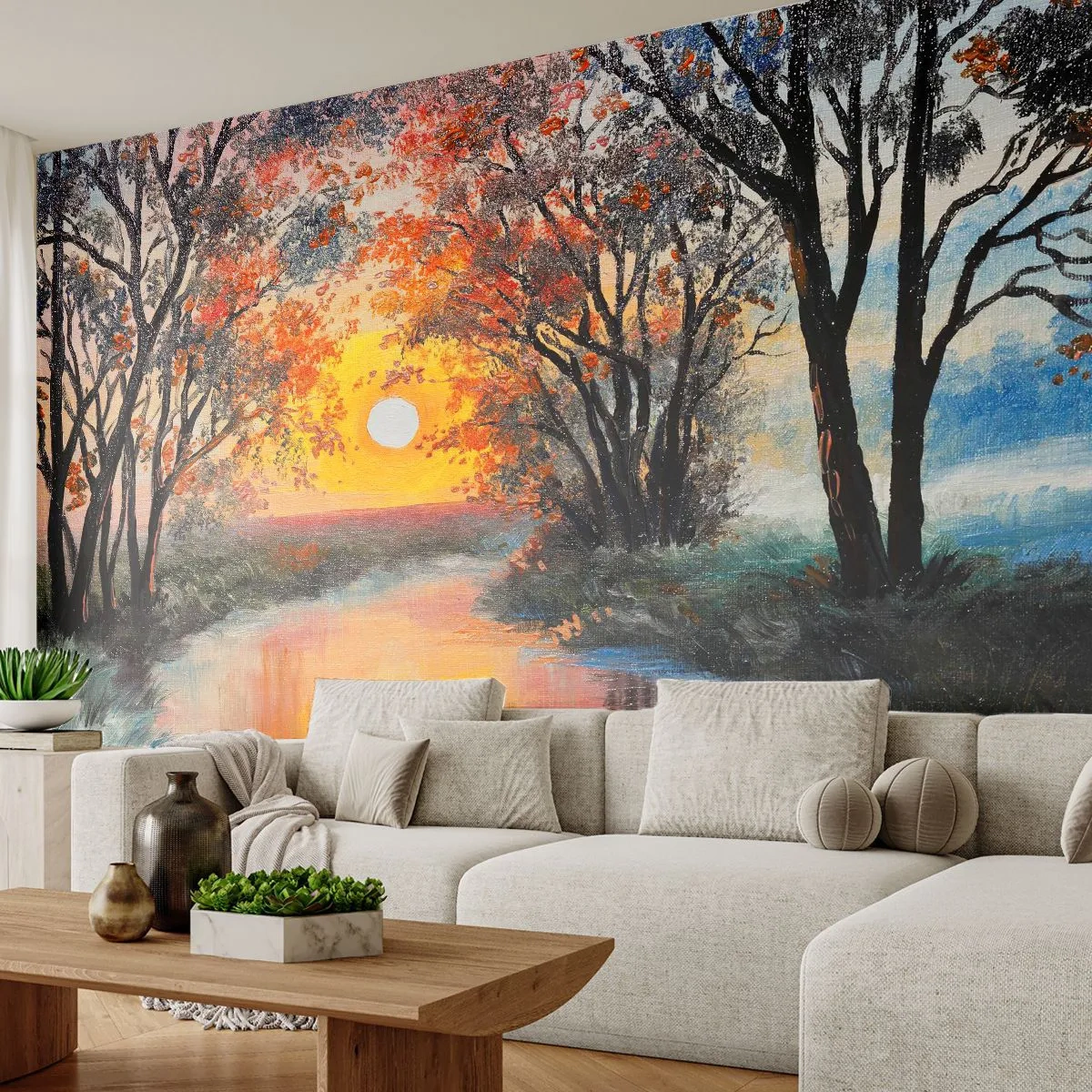 Papier Peint Autocollant Deluxe Sticker - Climats de printemps - Paysage, Rivière, Des arbres - 250x175 cm