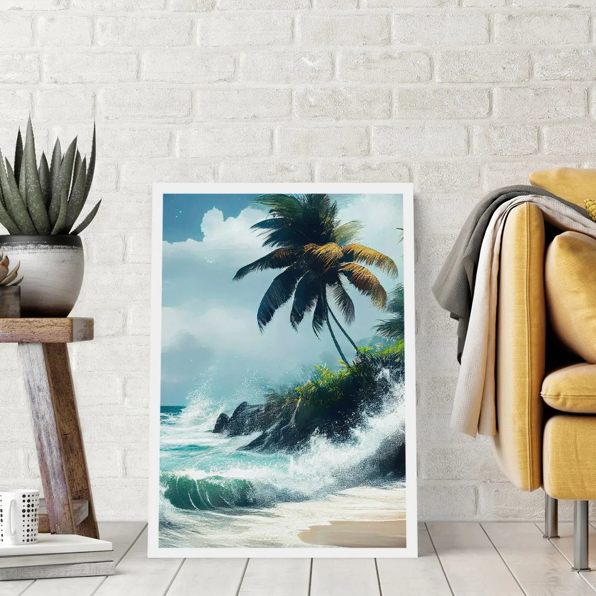 Affiche - Poster - Plage tropicale avec palmiers et océan agité - 50x70cm - Sur une côte tropicale - Décoration murale moderne pour le salon et la chambre ARTTOR