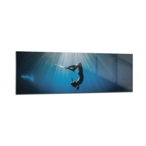 Impression sur verre - Image sur verre - Un plongeur flottant dans un faisceau de lumière sous l'eau - 160x50cm - Dans sous-marine - Décoration murale moderne pour le salon et la chambre ARTTOR
