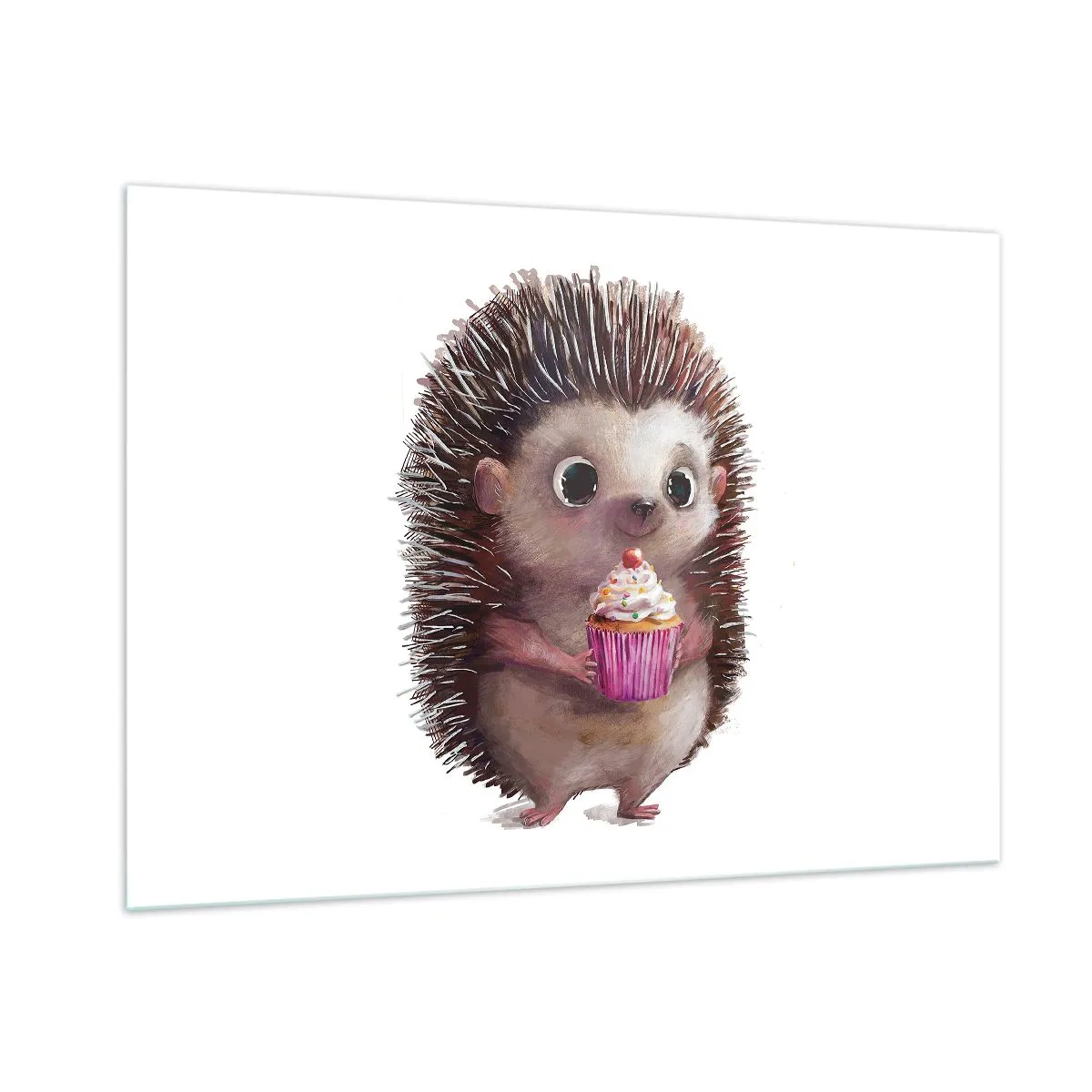 Impression sur verre - Image sur verre - Un hérisson mignon avec un cupcake sur fond blanc - 100x70cm - La fête c'est tous les jours - Décoration murale moderne pour le salon et la chambre ARTTOR