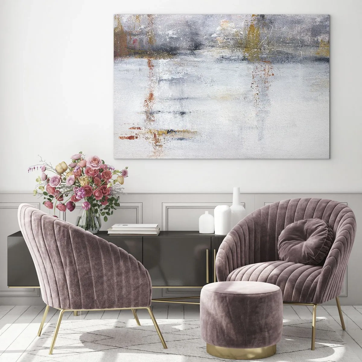 Impression sur verre - Image sur verre - Une peinture abstraite présentant une subtile combinaison de gris, de blanc et d'or. - 120x80cm - Derrière l'air un rideau - Décoration murale moderne pour le salon et la chambre ARTTOR