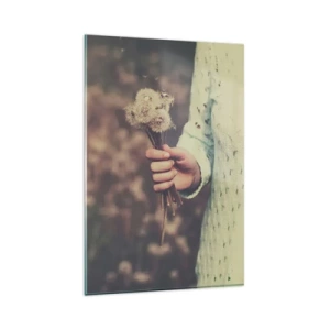 Impression sur verre - Image sur verre - Une main tenant des pissenlits sur un fond flou d'un champ plein de fleurs. - 80x120cm - Merci de les garder - Décoration murale moderne pour le salon et la chambre ARTTOR