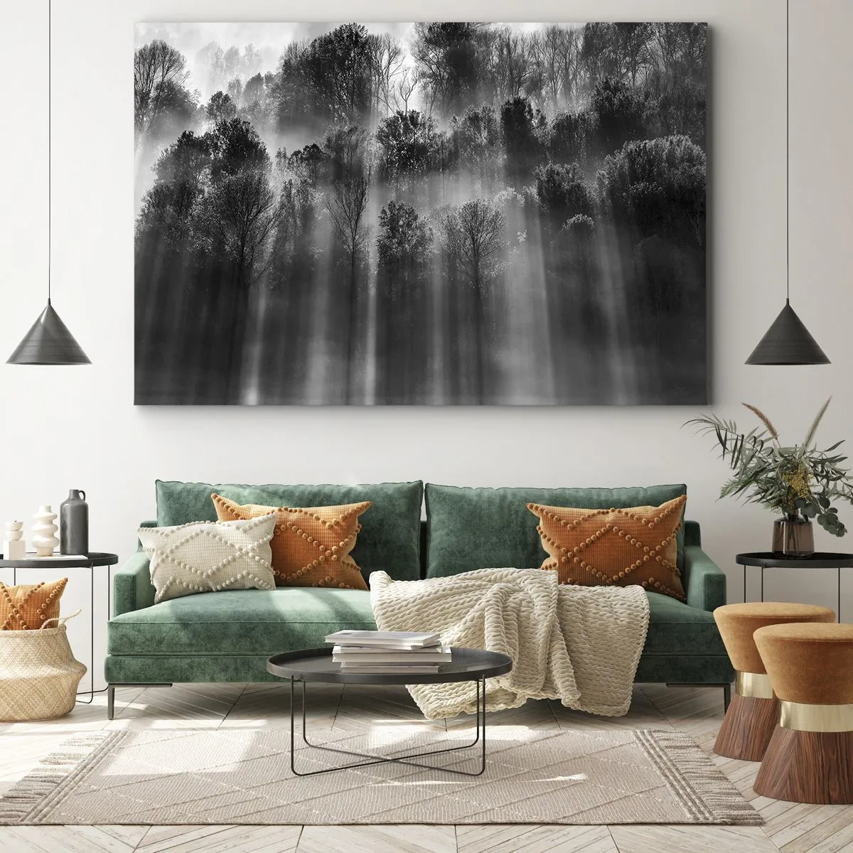 Impression sur toile - Image sur toile - Forêt noire et blanche dans la lumière du matin - 70x50cm - Dans les flots de lumière - Décoration murale moderne pour le salon et la chambre ARTTOR
