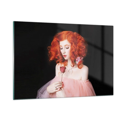 Impression sur verre - Image sur verre - Portrait d'une femme aux cheveux roux et une rose sur un fond sombre - 120x80cm - De style baroque - Décoration murale moderne pour le salon et la chambre ARTTOR