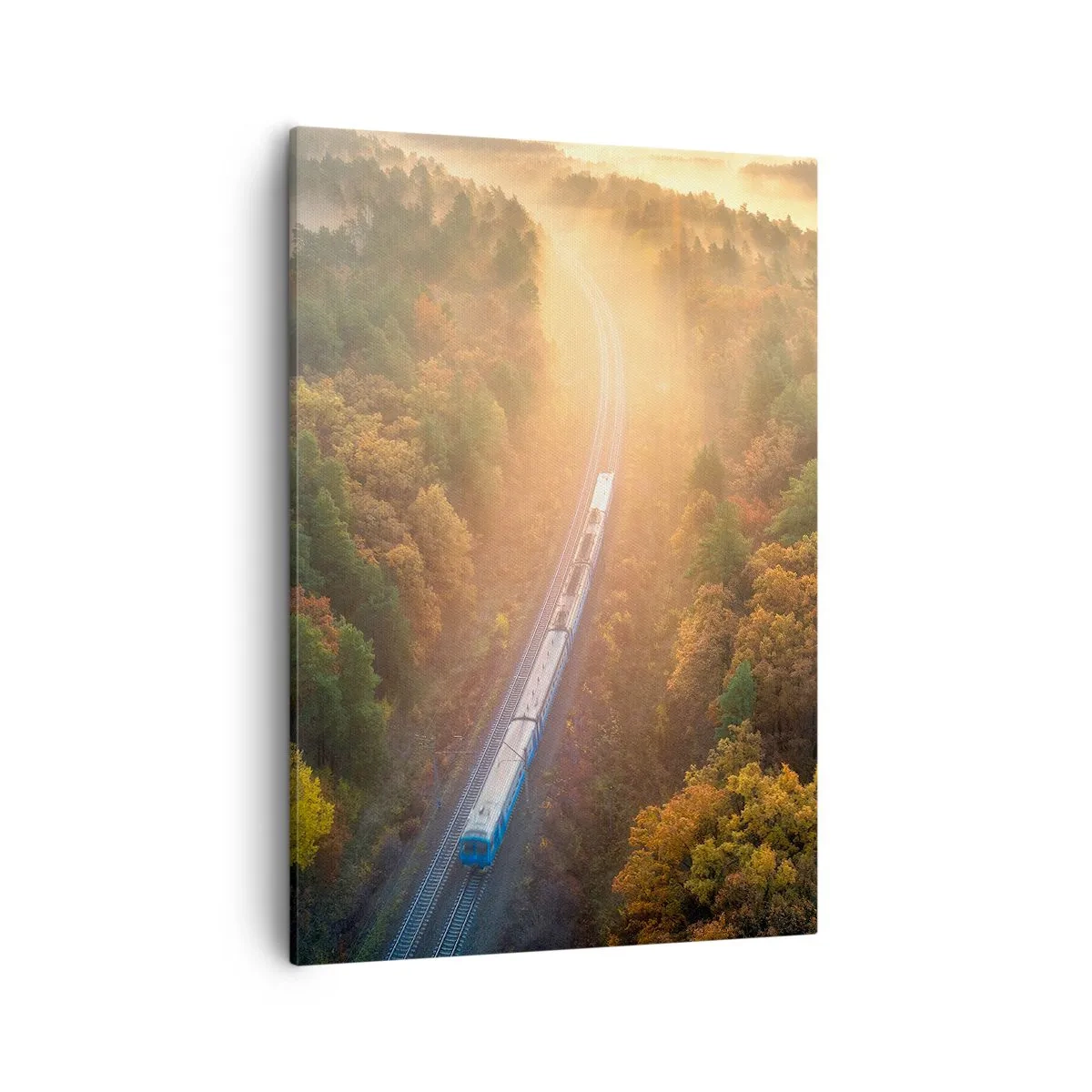 Impression sur toile - Image sur toile - Un train dans une forêt d'automne à l'aube - 50x70cm - Voyage printannier - Décoration murale moderne pour le salon et la chambre ARTTOR