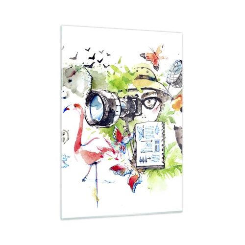 Impression sur verre - Image sur verre - Illustration d'un photographe avec un appareil photo et des animaux - 50x70cm - Dans l'objectif d'un voyageu - Décoration murale moderne pour le salon et la chambre ARTTOR