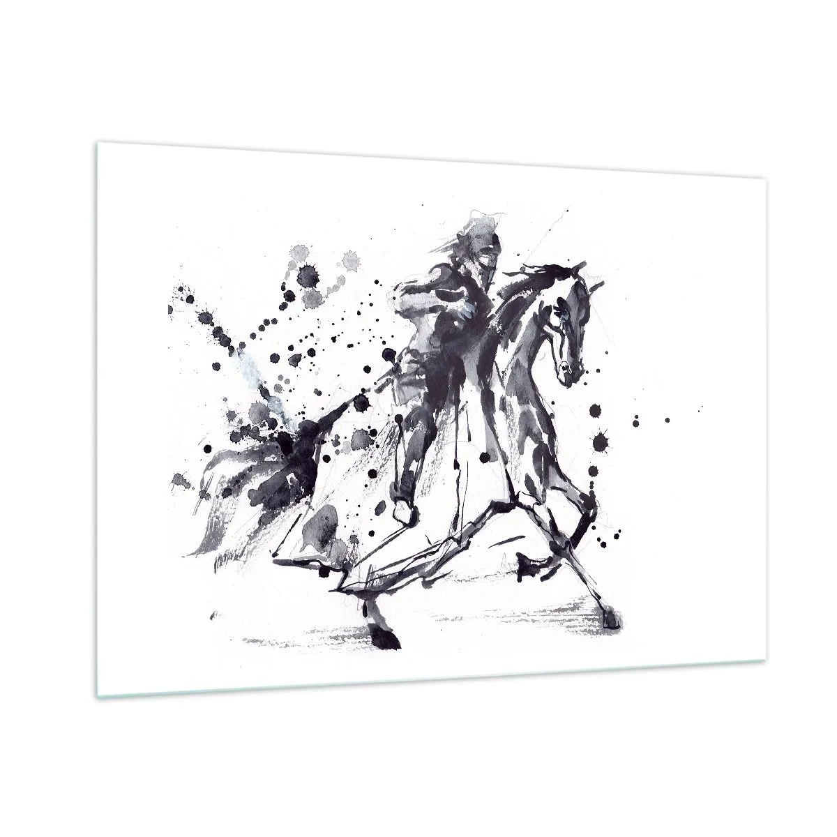 Impression sur verre - Image sur verre - Peinture en noir et blanc d'un cavalier sur un cheval dans un style abstrait - 100x70cm - Chevalier noir - Décoration murale moderne pour le salon et la chambre ARTTOR