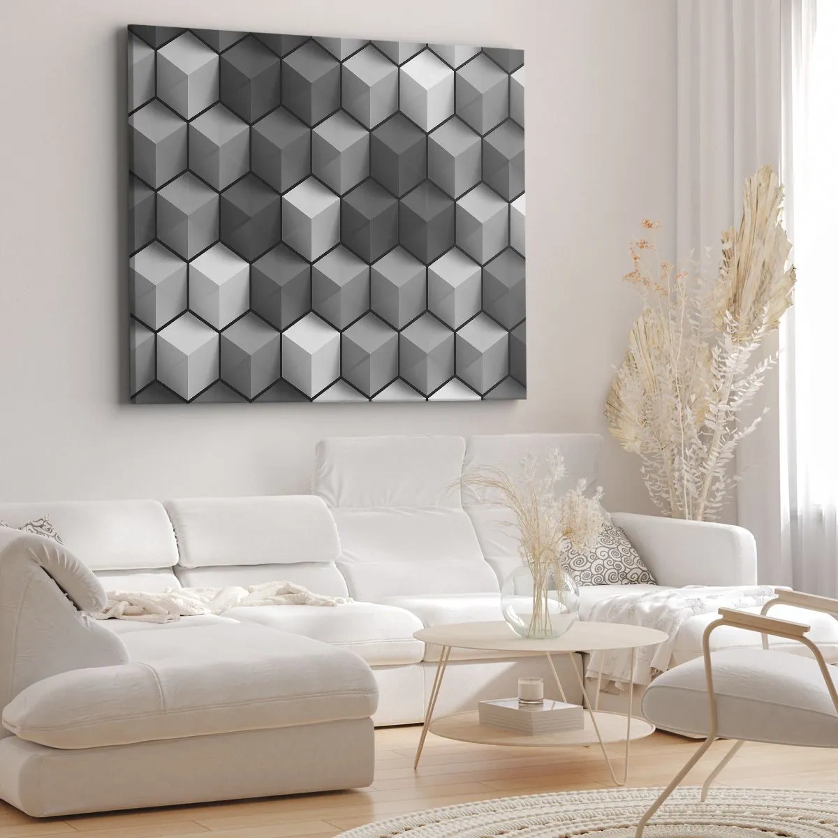 Impression sur toile - Image sur toile - Composition géométrique de cubes dans les tons de gris et de noir - 70x50cm - Puzzle cubiste - Décoration murale moderne pour le salon et la chambre ARTTOR
