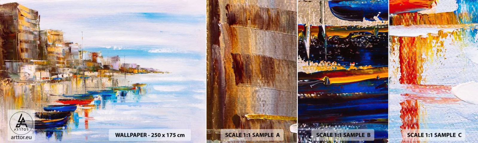 Échantillon De Papier Peint Standard Eco - Un havre urbain multicolore - Paysage, port, Bord de mer - 100x30 cm