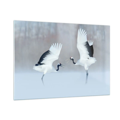 Impression sur verre - Image sur verre - Grues dansantes sur fond de paysage hivernal - 100x70cm - Danse dans le brouillard - Décoration murale moderne pour le salon et la chambre ARTTOR