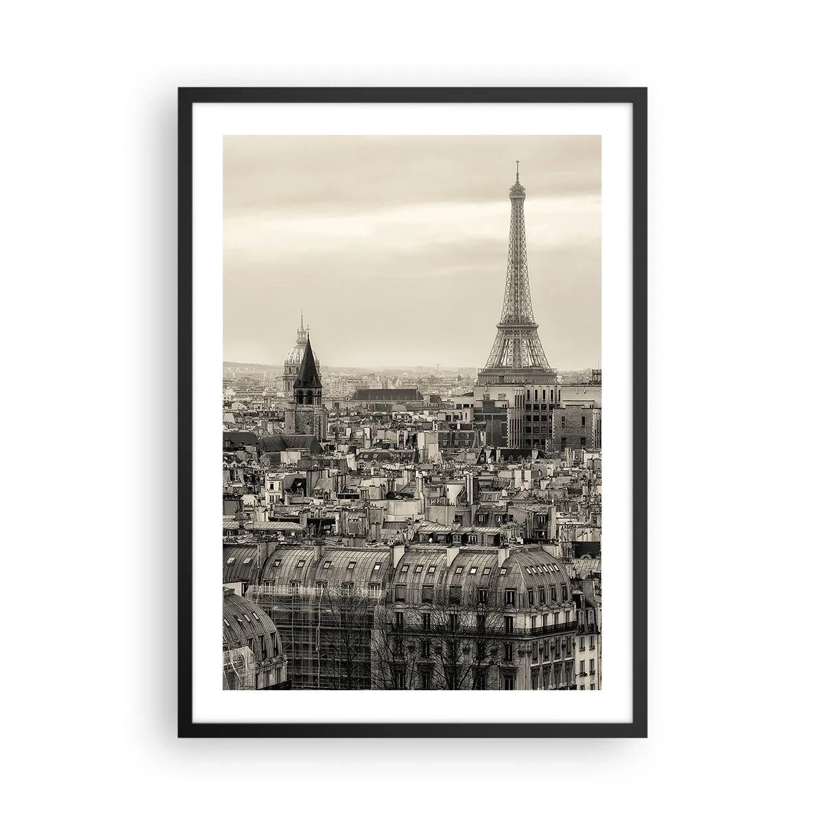 Affiche dans un cadre noir - Poster - Panorama de Paris avec la Tour Eiffel en tons sépia - 50x70cm - Sur les toits de Paris - Décoration murale moderne pour le salon et la chambre ARTTOR