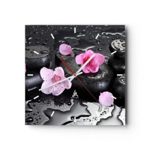 Horloge murale - Pendule murale - Pierres noires et fleurs roses style spa - 30x30cm - Et le cœur s'allège soudainement - Décoration murale moderne pour le salon et la chambre ARTTOR