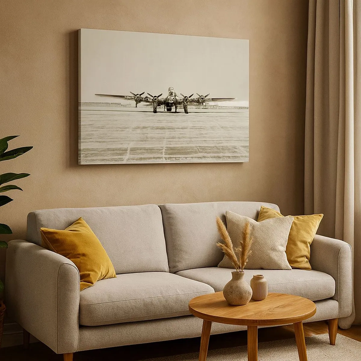 Impression sur toile - Image sur toile - Avion historique à l'aéroport en sépia - 70x50cm - Toujours prêt! - Décoration murale moderne pour le salon et la chambre ARTTOR