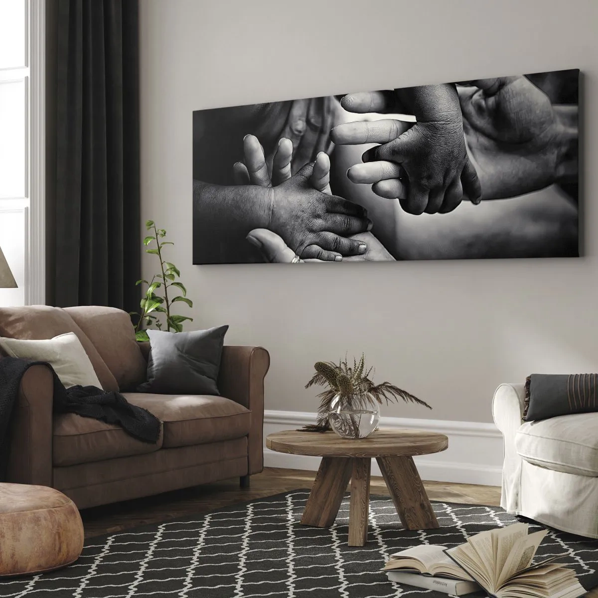 Impression sur toile - Image sur toile - Mains noires et blanches de différentes générations - 160x50cm - Être humain - Décoration murale moderne pour le salon et la chambre ARTTOR