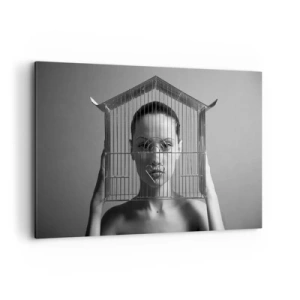 Impression sur toile - Image sur toile - Femme derrière une cage dans un style surréaliste - 120x80cm - Portrait un peu surréaliste - Décoration murale moderne pour le salon et la chambre ARTTOR
