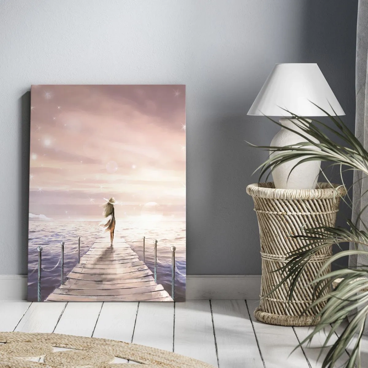 Impression sur toile - Image sur toile - Une femme sur une jetée dans un décor de coucher de soleil magique - 50x70cm - A la lumière d'un rêve - Décoration murale moderne pour le salon et la chambre ARTTOR