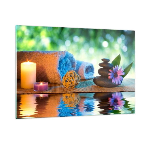 Impression sur verre - Image sur verre - Spa avec serviettes, bougies et pierres dans un décor naturel - 120x80cm - Temps pour le corps - Décoration murale moderne pour le salon et la chambre ARTTOR
