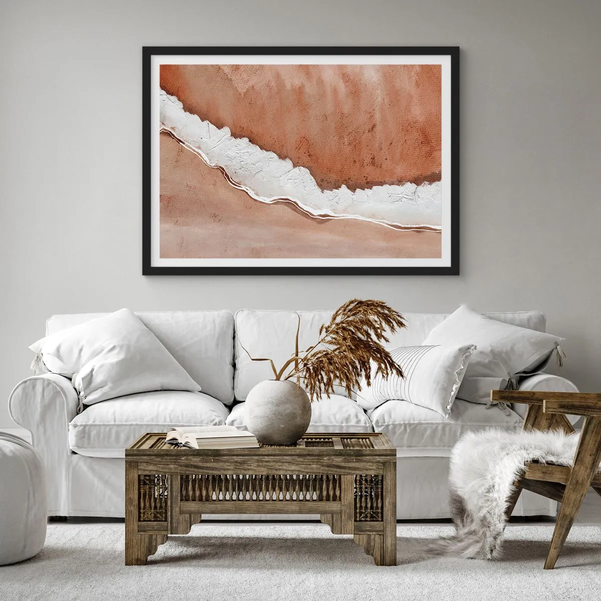 Affiche dans un cadre noir - Poster - Texture de sable avec des accents blancs - 100x70cm - Dans des couleurs de la terre - Décoration murale moderne pour le salon et la chambre ARTTOR