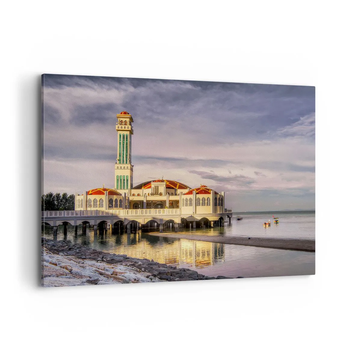 Impression sur toile - Image sur toile - Un bâtiment impressionnant avec un minaret sur l'eau entouré d'un paysage paisible - 100x70cm - Temple de la nature - Décoration murale moderne pour le salon et la chambre ARTTOR