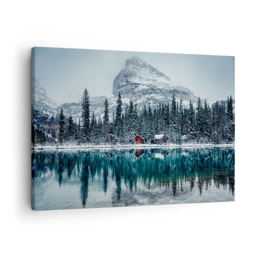 Impression sur toile - Image sur toile - Paysage d'hiver avec des chalets dans la forêt au bord d'un lac gelé - 70x50cm - Retraite canadienne - Décoration murale moderne pour le salon et la chambre ARTTOR