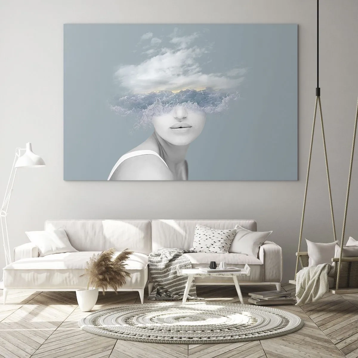 Impression sur verre - Image sur verre - Le visage d'une femme se fond dans le ciel et les nuages dans une vision surréaliste. - 120x80cm - La tête dans les nuages - Décoration murale moderne pour le salon et la chambre ARTTOR