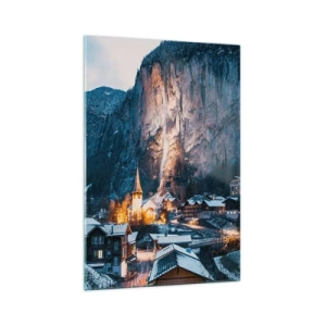 Impression sur verre - Image sur verre - Un village d'hiver pittoresque entouré de montagnes - 70x100cm - Esprit brillant de l'hiver - Décoration murale moderne pour le salon et la chambre ARTTOR