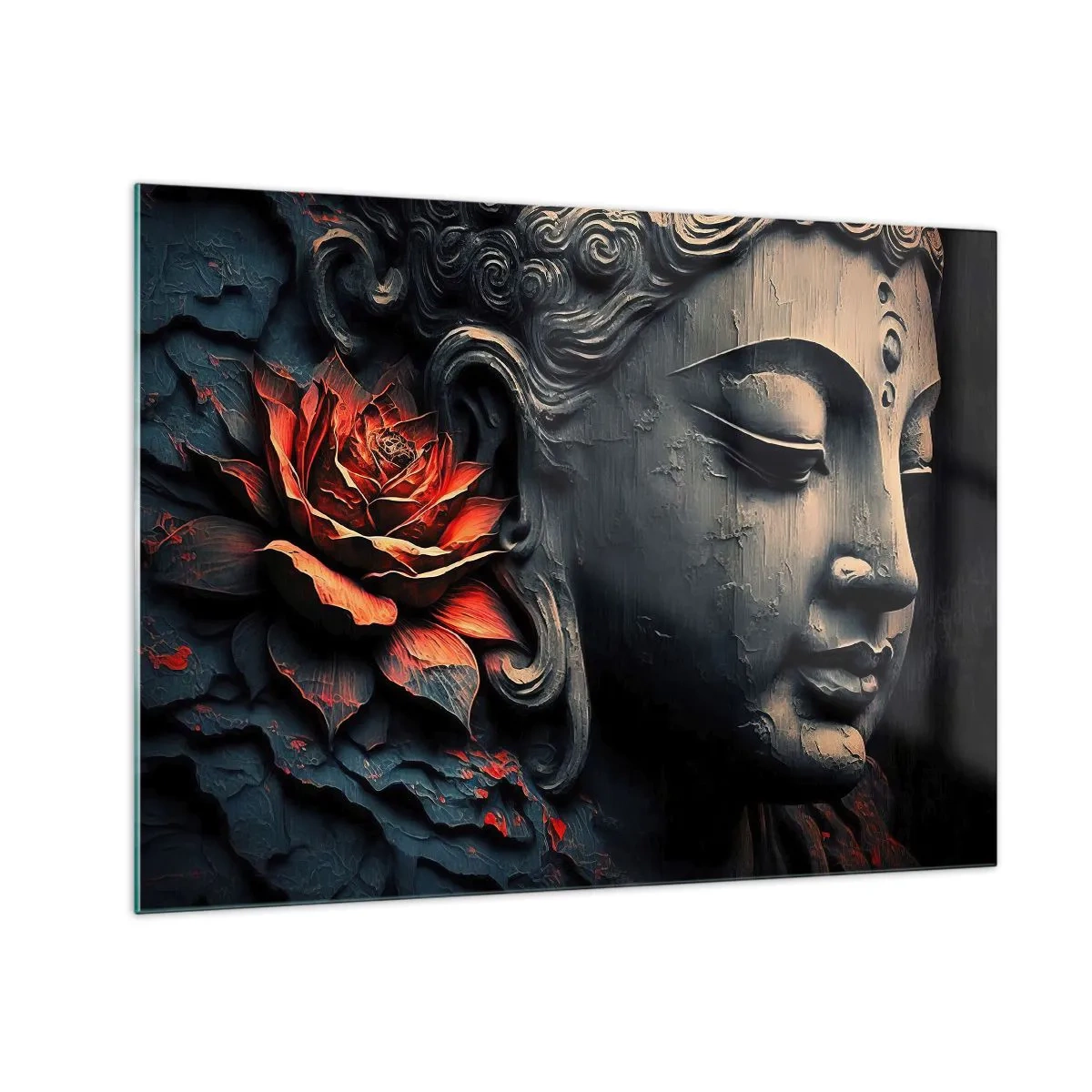 Impression sur verre - Image sur verre - Profil d'une figure méditante avec une fleur rouge sur un fond sombre. - 70x50cm - En harmonie avec le monde - Décoration murale moderne pour le salon et la chambre ARTTOR