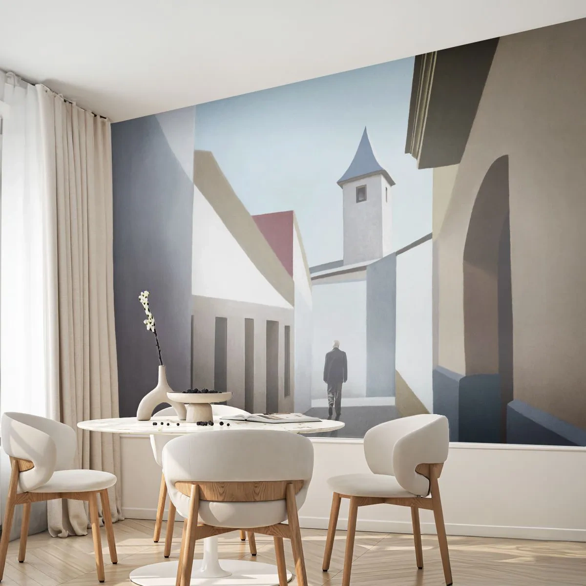 Papier Peint Photo Premium Canvas - Une promenade ensoleillée - Pastel, Bâtiments, Architecture - 250x175 cm