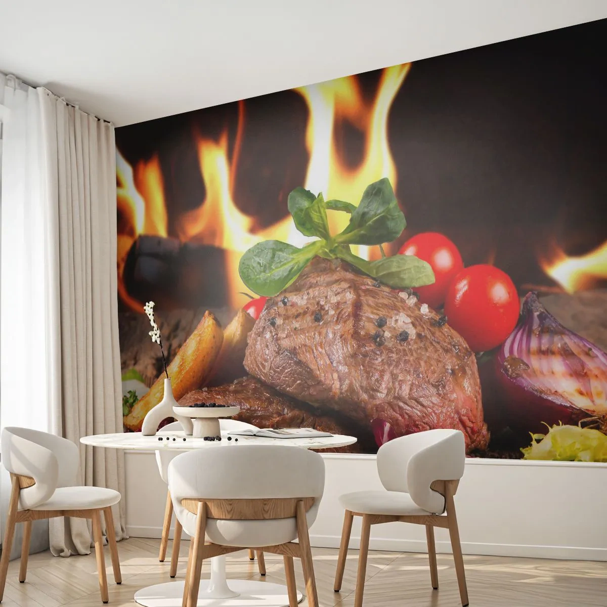 Papier Peint Photo Premium Canvas - Ensorcelé par la braise - La gastronomie, steak, Flammes de feu - 250x175 cm