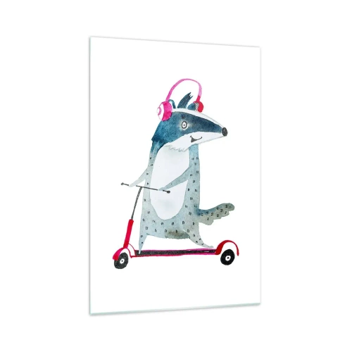 Impression sur verre - Image sur verre - Blaireau sur un scooter avec des écouteurs roses - 70x100cm - La joie du blaireau - Décoration murale moderne pour le salon et la chambre ARTTOR