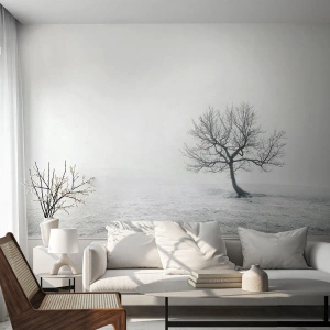 Papier Peint Photo Premium Canvas - Un arbre solitaire dans le brouillard hivernal dans un champ vide - 100x70cm - Contre le néant - Décoration murale moderne pour le salon et la chambre ARTTOR