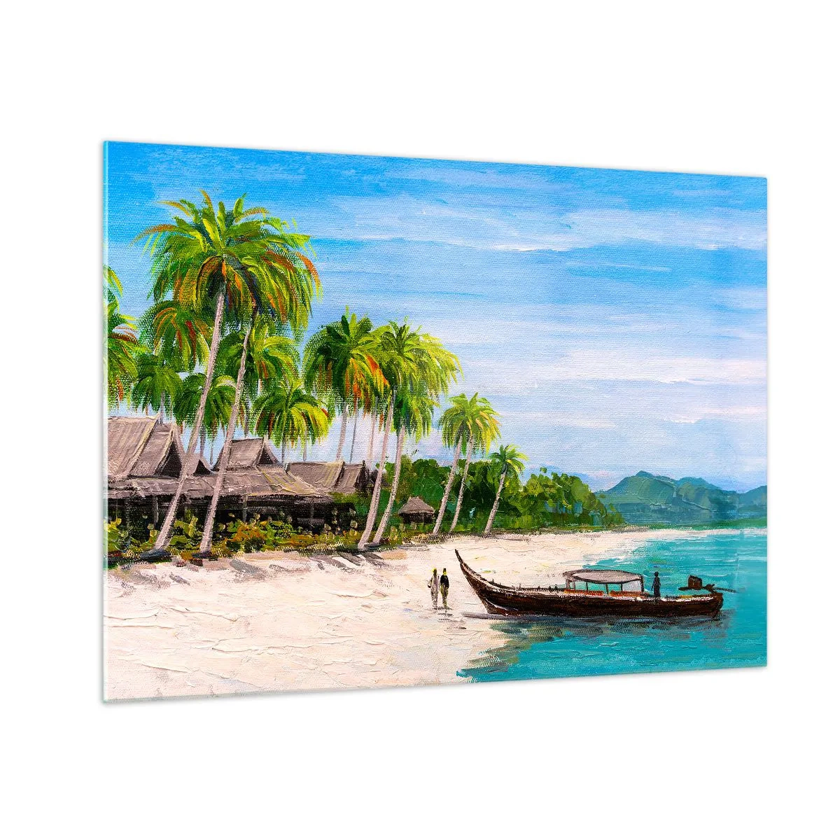Impression sur verre - Image sur verre - Plage tropicale avec un bateau et des palmiers à côté de huttes traditionnelles - 70x50cm - Rêve exotique - Décoration murale moderne pour le salon et la chambre ARTTOR