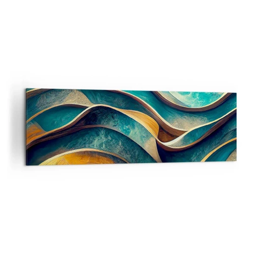 Impression sur toile - Image sur toile - Vagues abstraites dans des tons turquoise et or - 160x50cm - Méandres de bleu - Décoration murale moderne pour le salon et la chambre ARTTOR