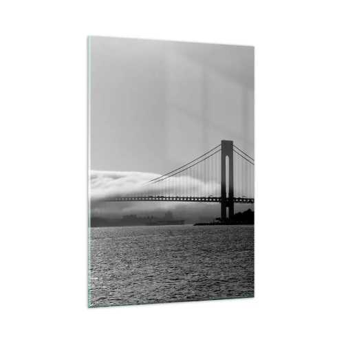 Impression sur verre - Image sur verre - Un pont sur l'eau enveloppé de brouillard dans une photo en noir et blanc - 80x120cm - Naviguez à travers les Portes des Étoiles - Décoration murale moderne pour le salon et la chambre ARTTOR