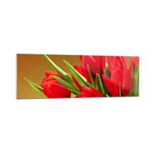 Impression sur verre - Image sur verre - Un bouquet de tulipes rouges sur fond doré avec des feuilles vertes. - 160x50cm - Amas de joie printanière - Décoration murale moderne pour le salon et la chambre ARTTOR